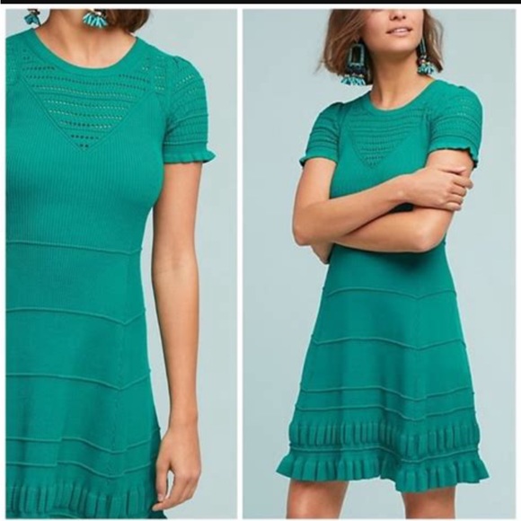 Anthropologie Maeve Promenade Pointelle Fit and Flare Knit Dress Green Size M - Picture 1 of 14